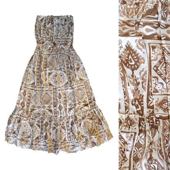 Salty Lemon Brown White Geometric Print Strapless Maxi Tiered Dress Large NWT - Picture 2 of 16